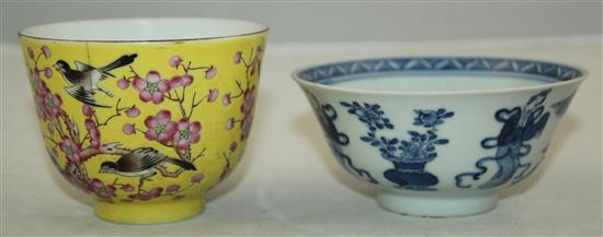 A Chinese porcelain cup and a Chinese blue and white bowl